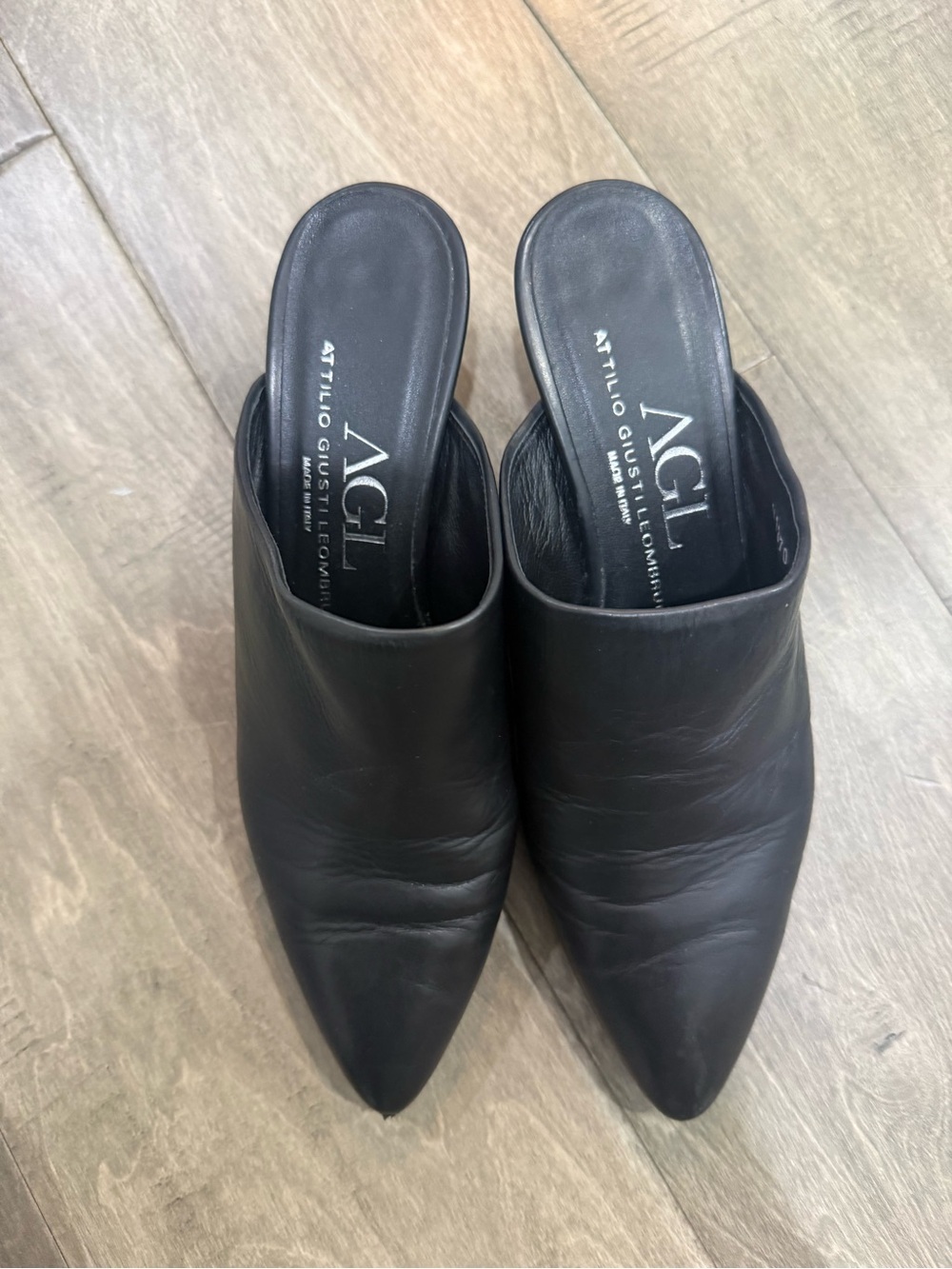 AGL Black Pointed Leather Mule Slides